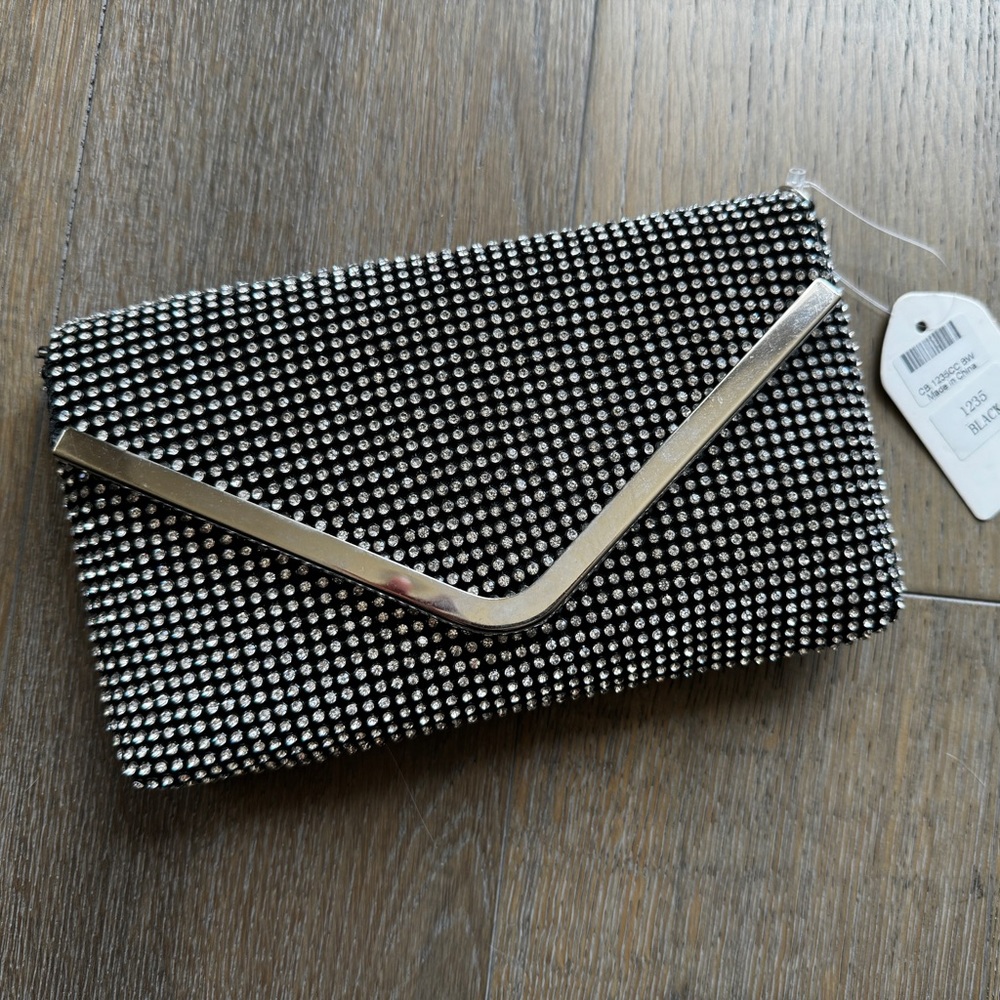 NWT Silver & Black Rhinestone Clutch